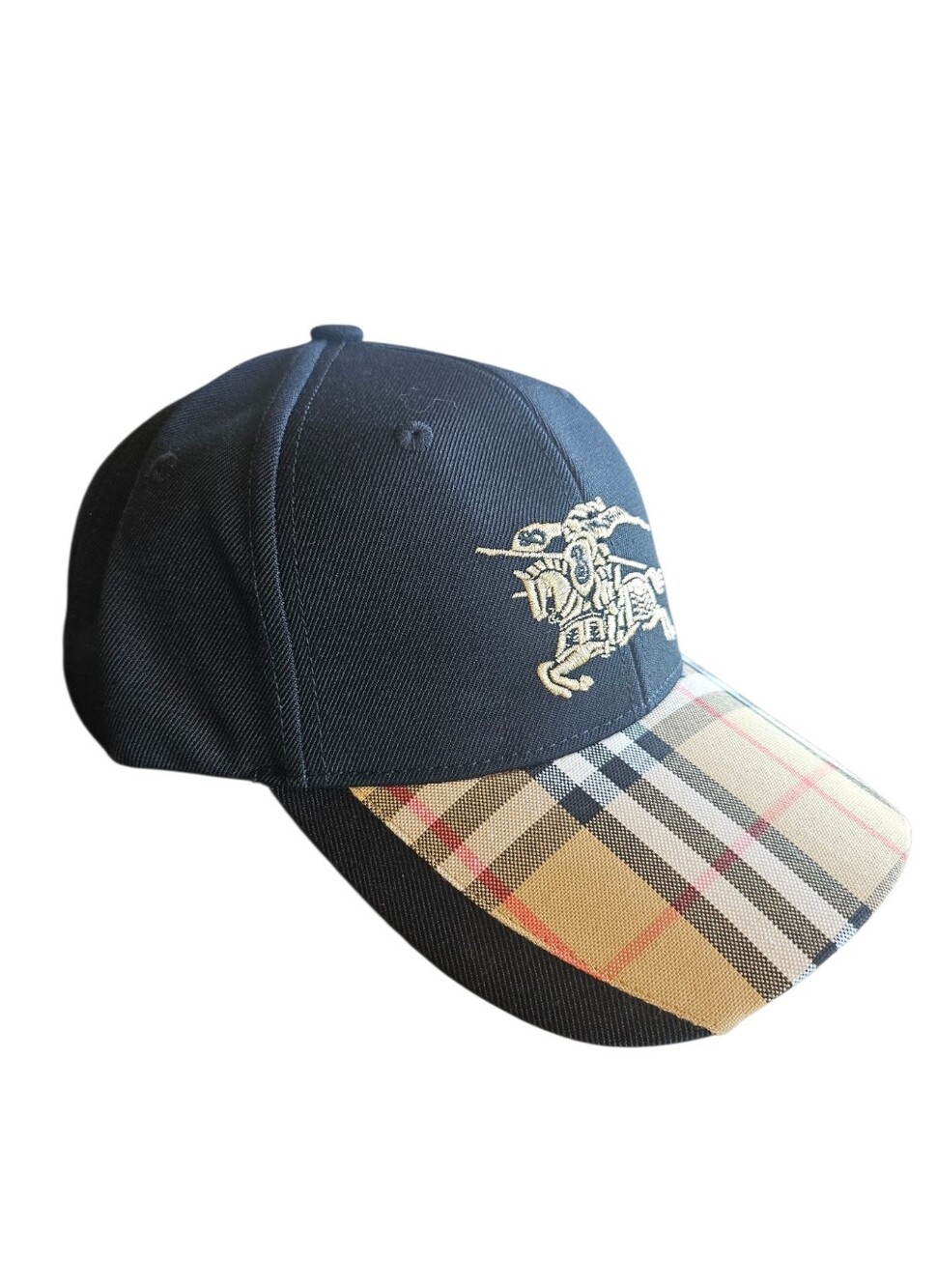 🔥NWT‼️✨ Burberry ✨ Black Baseball Cap Hat with Tan Vintage Check Brim - Unisex - Picture 12 of 14